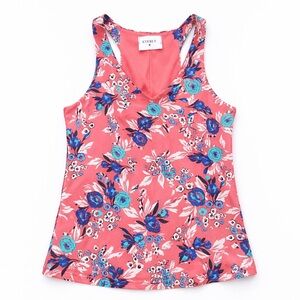 anthro everly Feminine Floral Racerback Tank Top - Coral Pink Blue M